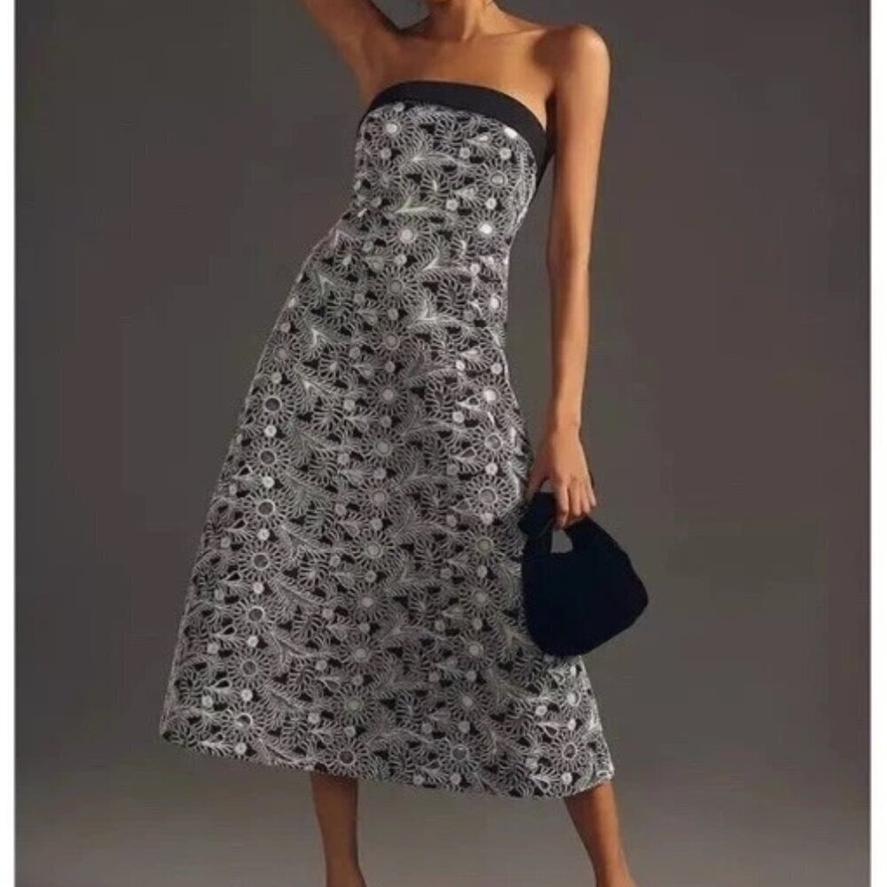 Anthropologie Maeve Cotton Dress Strapless Embroidered Black White Floral (6)